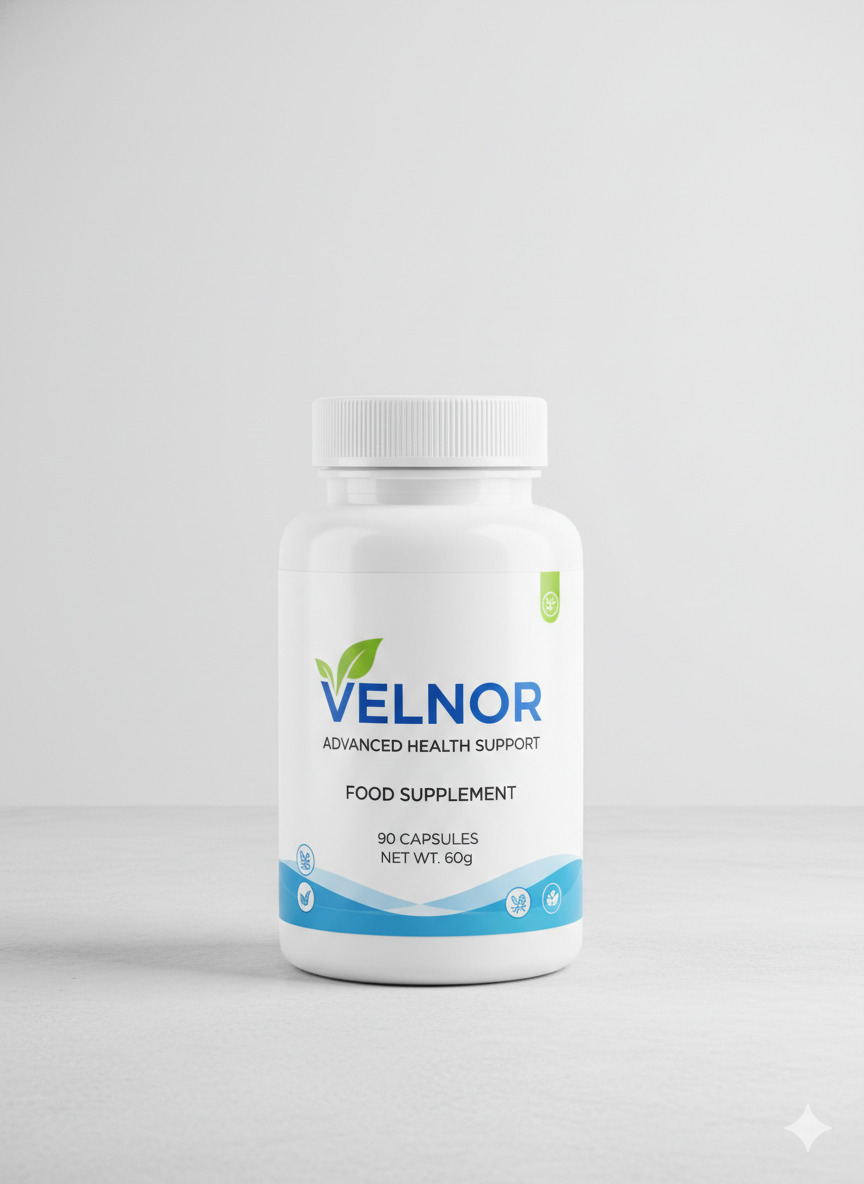 Velnor food supplement bottle and label on a neutral surface